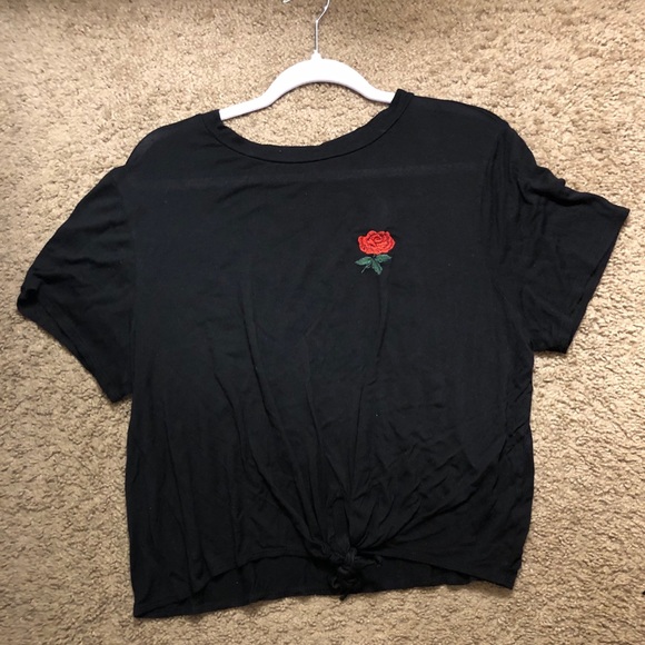 Ragdoll Tops - RagDoll Rose Embroidered Tie Front Short Crop Top